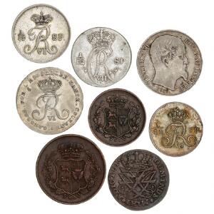 Lille samling skillingsmønter 1787-1859 inkl 124 Speciedaler 1809, Offermark, 16 Rigsbankskilling 1831. 8