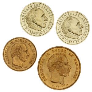 20 kr 1873, H 8A, 10 kr 1874, H 9A, medaille Au, H. C. Andersen, 4,8 g 7501000 2 stk., samlet 4 stk.