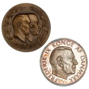 Kong Frederik IX 70 års Fødselsdag 11. marts 1969, Ag, 74,95 g samt medaille i bronze til minde om Kong Christian X og Frederik IX