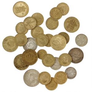 Lille samling mønter og sedler inkl. 100 kr 1943, Sieg 111, DOP 126 4 stk., 2 kr 1903 erindringsmønt, en del 12 kr 1925-1958 inkl. 2 kr 1941, Canada