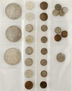 Samling mønter og sedler Danmark og udland med mange Ag inkl. USA, dollar 1900, 1928, Holland, 2 12 gulden 1937, Schweiz, 5 francs 1935,