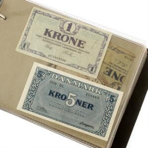 Samling af sedler fra Hele Verden, bl.a. Rusland, Tyskland, USA, Danmark, 1 kr 1914, Sieg 16 kval. 0, 5 kr 1950 DL, Sieg 119 kval. 0, i alt ca. 80 stk.