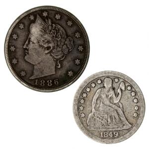 USA, 5 cents 1886, KM 112, dime 1849 O, KM 63.2, i alt 2 stk.