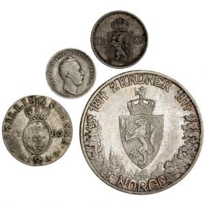 Norge, Christian VII, 2 skilling 1786, NM 83, H 16. 2 skilling 1871, 2 kr 1914 NM 11 kval. 01 samt Sverige, 10 øre 1863, i alt 4 stk.