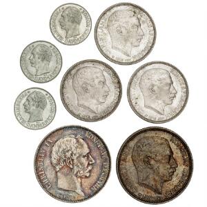2 kr 1876, H 13A, 2 kr 1916, H 8, 1 kr 1915 3, H 9 samt 25 øre 1911 3 stk., H 4, i alt 8 stk. i varierende kvalitet
