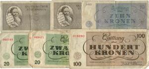 Tyskland, Theresienstadt, 5 2, 10, 20 2, 50, 100 kronen 1943, i alt 7 stk.
