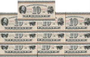 10 kr 1958 F4, Svend Nielsen  Riim, Sieg 133, 10 stk. ucirkulerede og i nummerrækkefølge