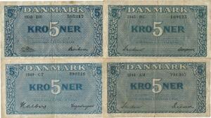 5 kr 1944 - 1950, 4 stk., 10 kr 1944, 3 stk., alle med varierende seriebogstaver og underskrifter, Sieg 118, 119, 120, i alt 7 stk.