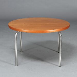 Henrik Tengler Cirkulært sofabord med ben af børstet stål. Top af kirsebær. Formgivet 1996. Udført hos Hansen  Sørensen.