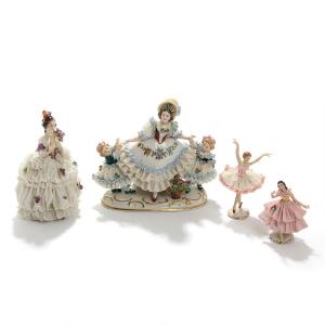 Ballerinaer og elegante kvinder. Fire figurer af porcelæn, Meissen, Rosenthal og Triebner, Ens  Eckert. 20. årh. H. 10-18,5. 4