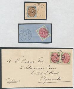 1873. 3 cents, tk.14 og 10 c. tk.14. Planche md 2 klip og flot brev-forside.