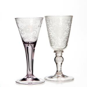 Spidsglas, Nøgenjomfru, cuppa slebet med blomst, vinglas med konisk cuppa slebet med blomsterkurv og design, på balusterformet stilk. Tyskland 18. årh. 2