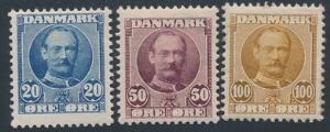 1907. Fr. VIII. 20, 50 og 100 øre. 3 pæne postfriske mærker