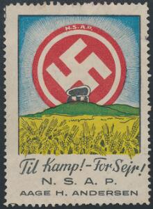 Til Kamp - For Sejr N. S. A. P. Aage H. Andersen. Propaganda-mærkat.