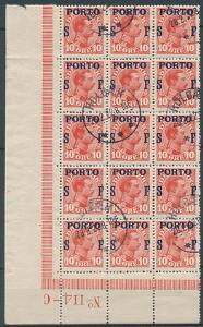 1921. PORTO S F. 10 Øre, Chr.X, rød. Stemplet 15-BLOK med fuld hjørnemarginal. AFA 2100