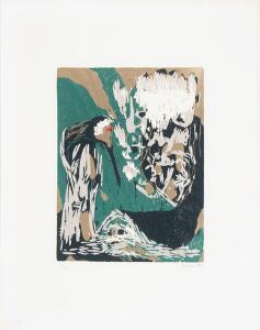 Asger Jorn La mere Ibis. Træsnit i farver fra suiten Etudes et surprises. Sign. Jorn 72, 1075. Bladstørrelse 55 x 43.