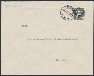 1940. 201 øre, grønsort, 1.oplag. Single på brev med udslebet stjernestempel VESTMANHAVN