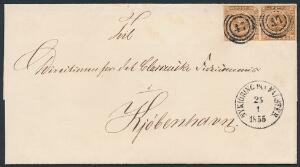 1854. 4 RBS Thiele III, gulbrun. Plade III, nr.22-23. Parstykke på smukt brev fra NYKJÖBING paa FALSTER 25.1.1855 til København.