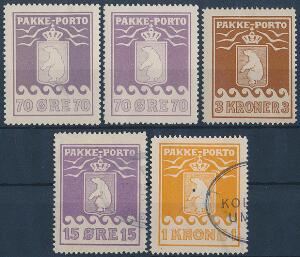 1915-1936. 5 stk. Pakkeporto 2 stemplede og 3 postfriske incl. 70 øre, rødviolet.