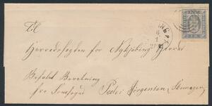 1871. 2 sk. blå på lille lokalbrev i Nykøbing F. Afbildet s. 52 i Ole Steen Jacobsens Bogen om danske skillingsbreve