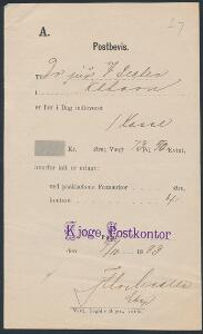 1893. Postbevis fra Kjøge Postkontor for 1 kasse, 73 pund 50 kvint. Der er kun betalt 4 øre, hvilket er gebyret for postbeviset.