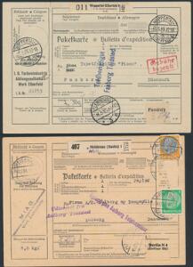 Den Danske Pakkepostekspedition Flensborg. 2 adressekort med begge typer af stemplet, der blev brugt af dansk postpersonale i Flensborg. Sjældne stempler. 1935