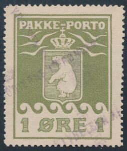 1905. 1 øre, olivengrøn. Smukt eksemplar i meget bred format. Annulleret med violet liniestempel med krone. AFA 6000