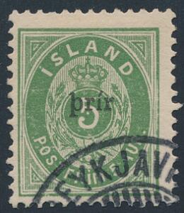 1897. Prir, 5 aur, grøn lille prír. Tk.12. Nydeligt stemplet eksemplar. Attest Grønlund