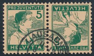 Schweiz. 1915. Pro Juventute, 5 c. grøn. Tête-Bêche parstykke stemplet. Michel EURO 1200