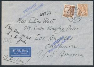 1941. Chr. X, 1 kr. brun og 25 øre, Karavel, brun. Censureret Luftpostbrev til USA, returneret til Århus. Stemplet i AARHUS 11.12.41.