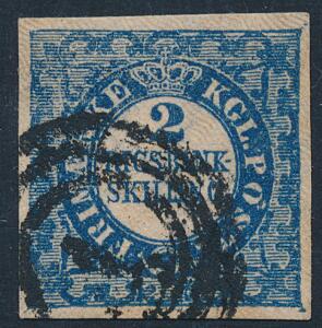 1852. 2 RBS Thiele, blå. Plade II, nr.68. Type 4. Nydeligt eksemplar, annulleret med nr.stempel 1. AFA 10000. Attester Møller og Nielsen.