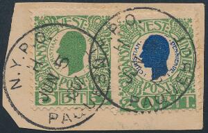 1905. Chr.IX. 20 Bit, blågrøn og 5 Bit, grøn. Lille brevklip stemplet N.Y.P.O. PAQUEBOT JUN 5 1907.