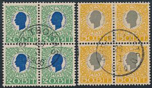 1905. Chr.IX. 20 Bit, grønblå og 50 bit, gulgrå. 2 pænt stemplede 4-BLOKKE.