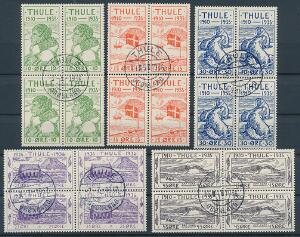 1935-1936. Thule. Komplet sæt i stemplede fireblokke