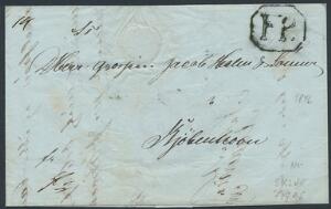 1846. Smukt fodpostbrev med 8-kantstempel F.P.. Indhold dateret Skive 29 Novbr. 1846. Attest Møller