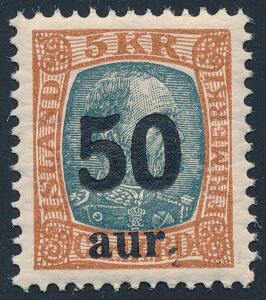1925. Provisorium. 5 Aur5 kr. blågrårødbrun. Et helt perfekt centreret postfrisk mærke. LUXUS. Facit 1400