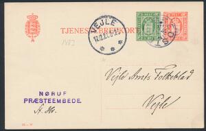 1919. 10 øre  5 øre Tjenestebrevkort, Skilling T 26, annulleret BREDSTEN, sidestemplet Vejle 12.12.21.