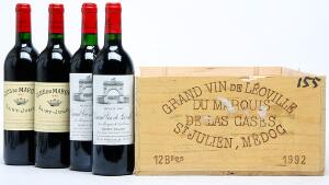 6 bts. Château Léoville Las Cases, Saint - Julien. 2. Cru Classé 1992 A hfin. Owc. etc. Total 11 bts.