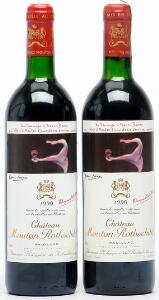2 bts. Château Mouton Rothschild, Pauillac. 1. Cru Classé 1990 A-AB bn.