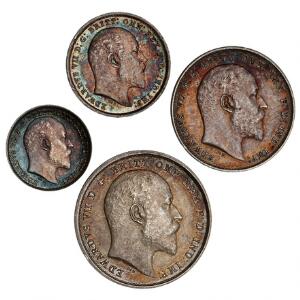 England, Edward VII, Maundy Set 1902, 4, 3, 2, 1 Pence i sølv