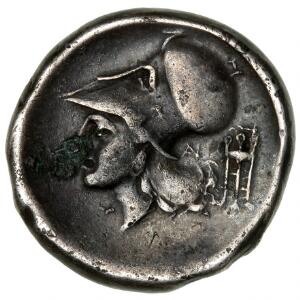 Antikkens Grækenland, Akarnania, Anactorium, ca. 350-300 f.Kr., Stater, 8,16 g, cf. SNG Cop. 284, korroderet på advers