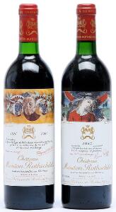 1 bt. Château Mouton Rothschild, Pauillac. 1. Cru Classé 1985 A-AB bn.  etc. Total 2 bts.