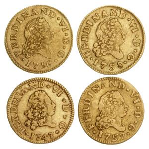 Spanien, Fernando VI, 1746-1759, 12 Escudo Madrid 1747, 1756, 1757, 1758, F 174 - heraf 3 stk. med filespor på rand. 4