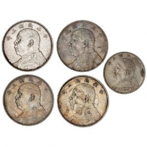 Kina, 5 sølvmønter, tidlig 20. århundrede
