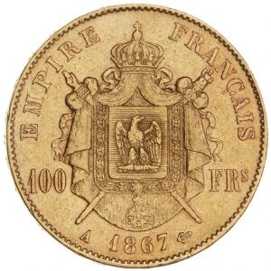 Frankrig, Napoleon III, 1852 - 1870, 100 Francs 1867, F 580