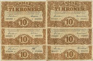 5 kr 1942 - 1943, 3 stk., 10 kr 1942 - 1943, 6 stk., alle med varierende seriebogstaver og underskrifter, Sieg 102, 105, i alt 9 stk.