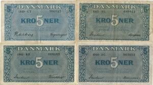 5 kr 1944 - 1949, 4 stk., 10 kr 1944, 3 stk., alle med varierende seriebogstaver og underskrifter, Sieg 118, 119, 120, i alt 7 stk.