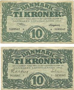 10 kr 1947 f, Halberg  Teilmann, 10 kr 1948 s, Riim  Neergaard, Sieg 122, 2 pæne sedler