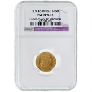 Portugal, Joao V, 1706-1750, Escudo  1600 Reis 1729, F 90, Graderet Fine Details, Harshly Cleaned, Scratches af NGC