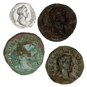 Romerske kejserdømme, 1 denar og 3 kobbermønter fra Hadrian, Sabina, Philip I og Volusian. 4